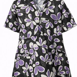 Chic Floral Women's Scrub Top- Black and Purple